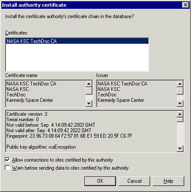 New Certificate Authority dialog box